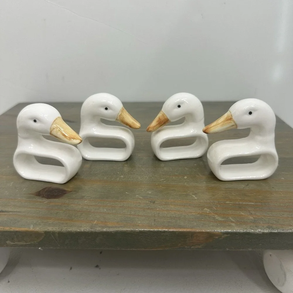 Set Of 4 Ceramic White Duck Napkin Ring Holders Handmade Hand Painted 2.5